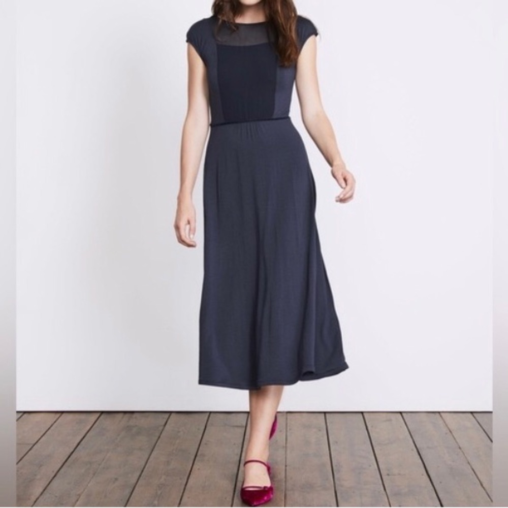Boden Delilah black sheer neckline midi dress in jersey knit size 8R EUC
